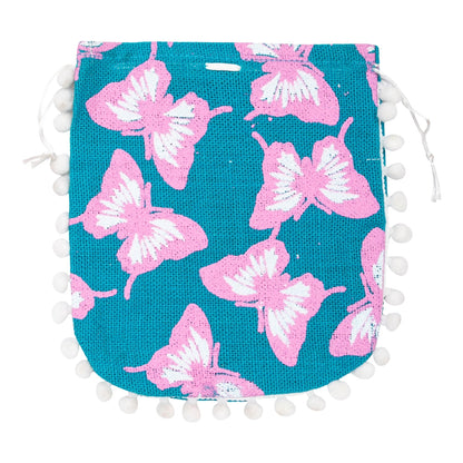 Teal Butterfly Print Jute Potli Bag with White Pom-Pom Lace | Floral Drawstring Gift Pouch
