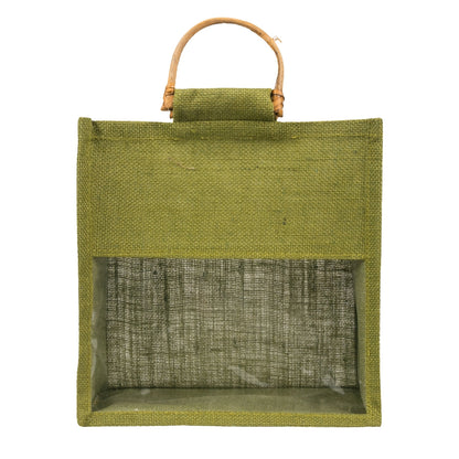 10x10x5 inch Window Jute Hamper Bag – Without Zip, Olive Green, Cane Handle