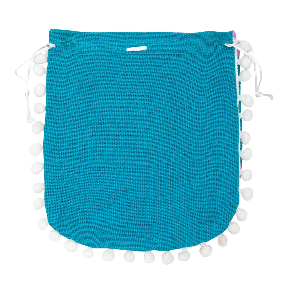 Teal Butterfly Print Jute Potli Bag with White Pom-Pom Lace | Floral Drawstring Gift Pouch