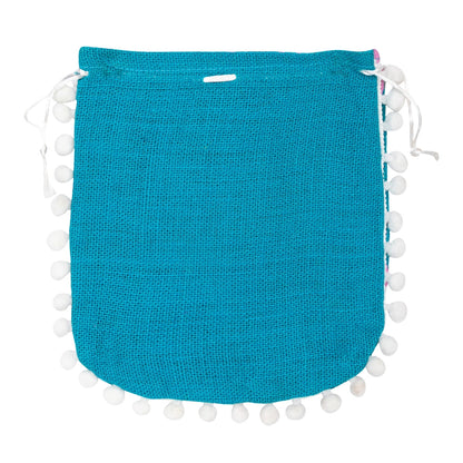Teal Butterfly Print Jute Potli Bag with White Pom-Pom Lace | Floral Drawstring Gift Pouch