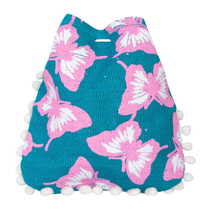 Teal Butterfly Print Jute Potli Bag with White Pom-Pom Lace | Floral Drawstring Gift Pouch