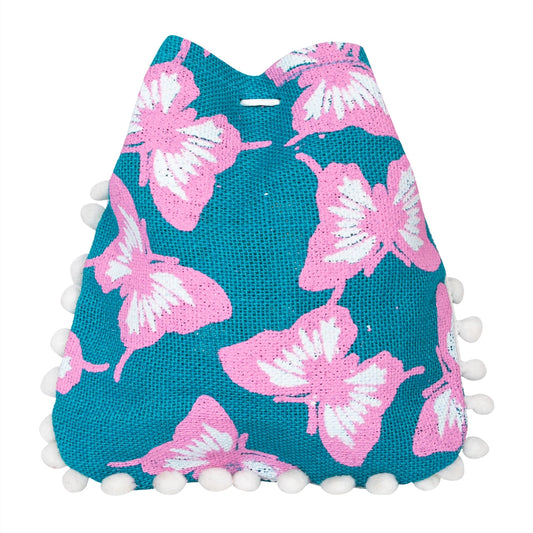 Teal Butterfly Print Jute Potli Bag with White Pom-Pom Lace | Floral Drawstring Gift Pouch