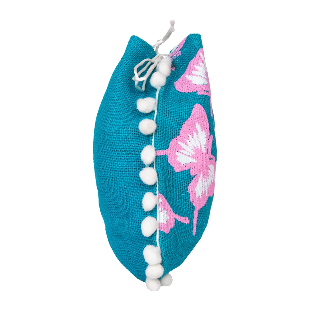 Teal Butterfly Print Jute Potli Bag with White Pom-Pom Lace | Floral Drawstring Gift Pouch