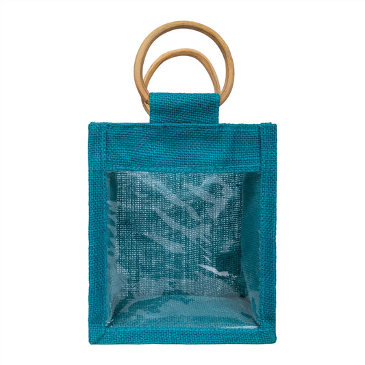 Zute.co Teal Jute Window Gift Bag with Wooden Ring Handle | 7x6x3.5 Inch Premium Hamper Bag