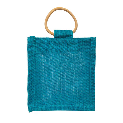 Zute.co Teal Jute Window Gift Bag with Wooden Ring Handle | 7x6x3.5 Inch Premium Hamper Bag