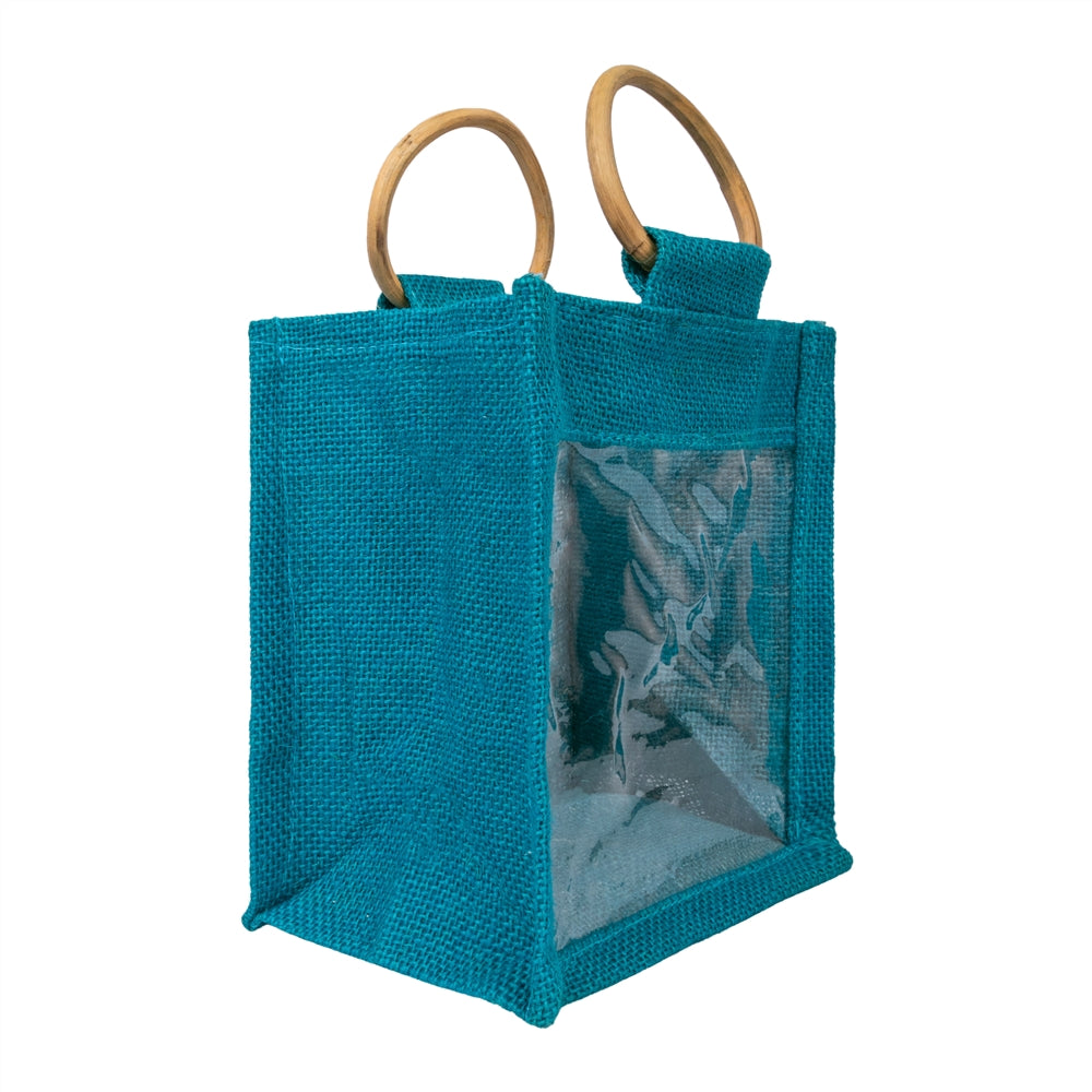 Zute.co Teal Jute Window Gift Bag with Wooden Ring Handle | 7x6x3.5 Inch Premium Hamper Bag