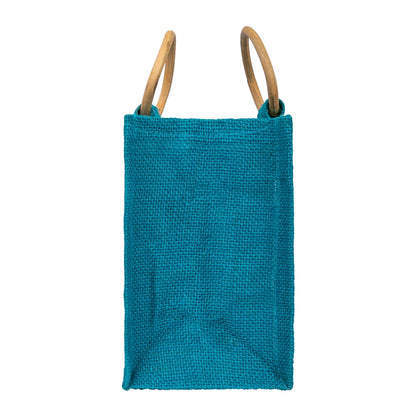 Zute.co Teal Jute Window Gift Bag with Wooden Ring Handle | 7x6x3.5 Inch Premium Hamper Bag
