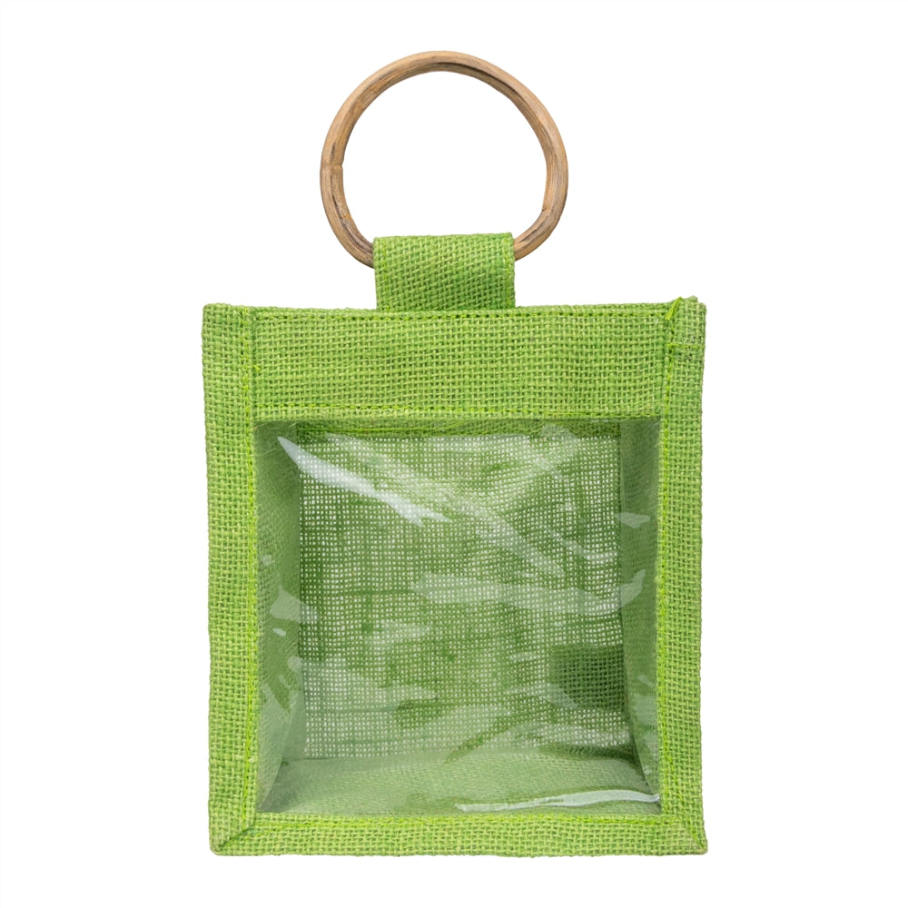 Zute.co Lime Green Jute Window Gift Bag with Wooden Ring Handle | 7x6x3.5 Inch Premium Hamper Bag