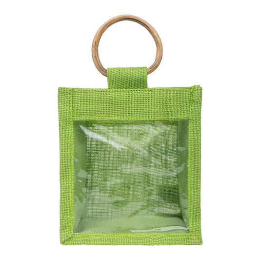 Zute.co Lime Green Jute Window Gift Bag with Wooden Ring Handle | 7x6x3.5 Inch Premium Hamper Bag