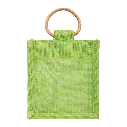 Zute.co Lime Green Jute Window Gift Bag with Wooden Ring Handle | 7x6x3.5 Inch Premium Hamper Bag