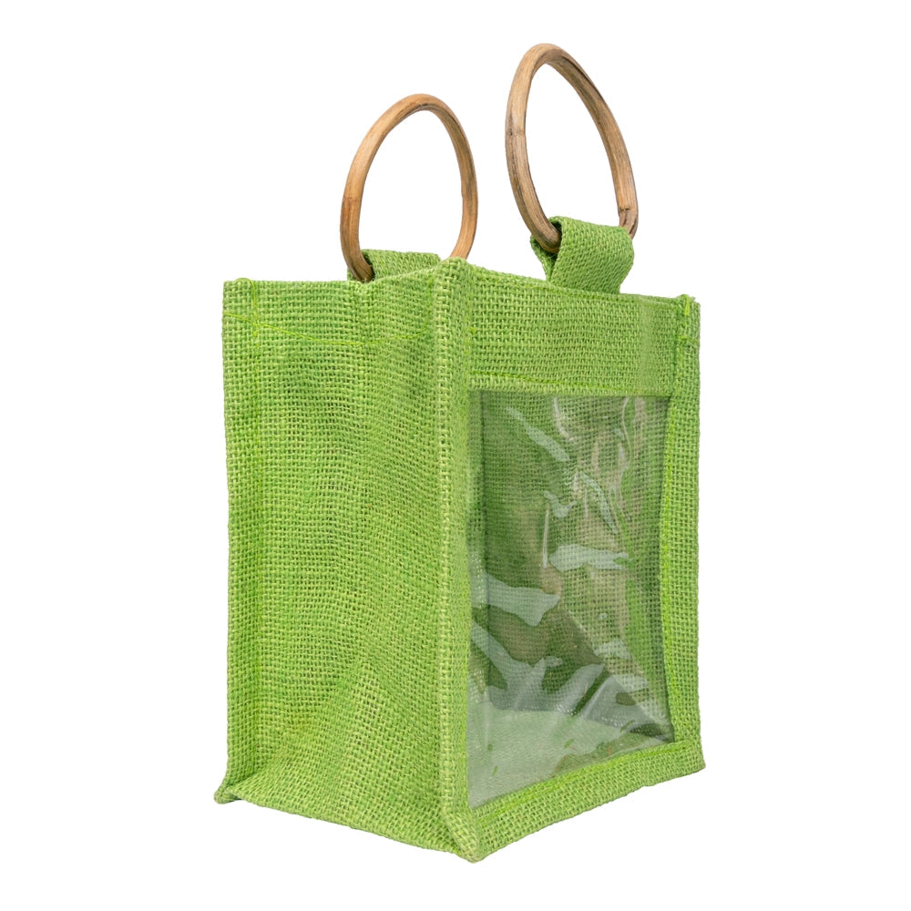 Zute.co Lime Green Jute Window Gift Bag with Wooden Ring Handle | 7x6x3.5 Inch Premium Hamper Bag