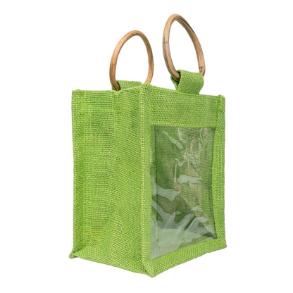 Zute.co Lime Green Jute Window Gift Bag with Wooden Ring Handle | 7x6x3.5 Inch Premium Hamper Bag