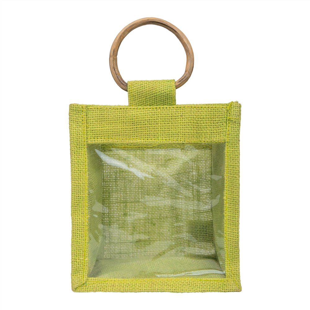 Zute.co Olive Green Jute Window Gift Bag with Wooden Ring Handle | 7x6x3.5 Inch Premium Hamper Bag