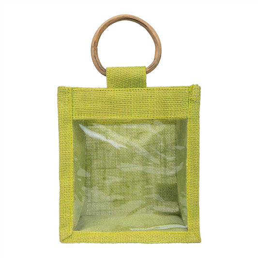 Zute.co Olive Green Jute Window Gift Bag with Wooden Ring Handle | 7x6x3.5 Inch Premium Hamper Bag