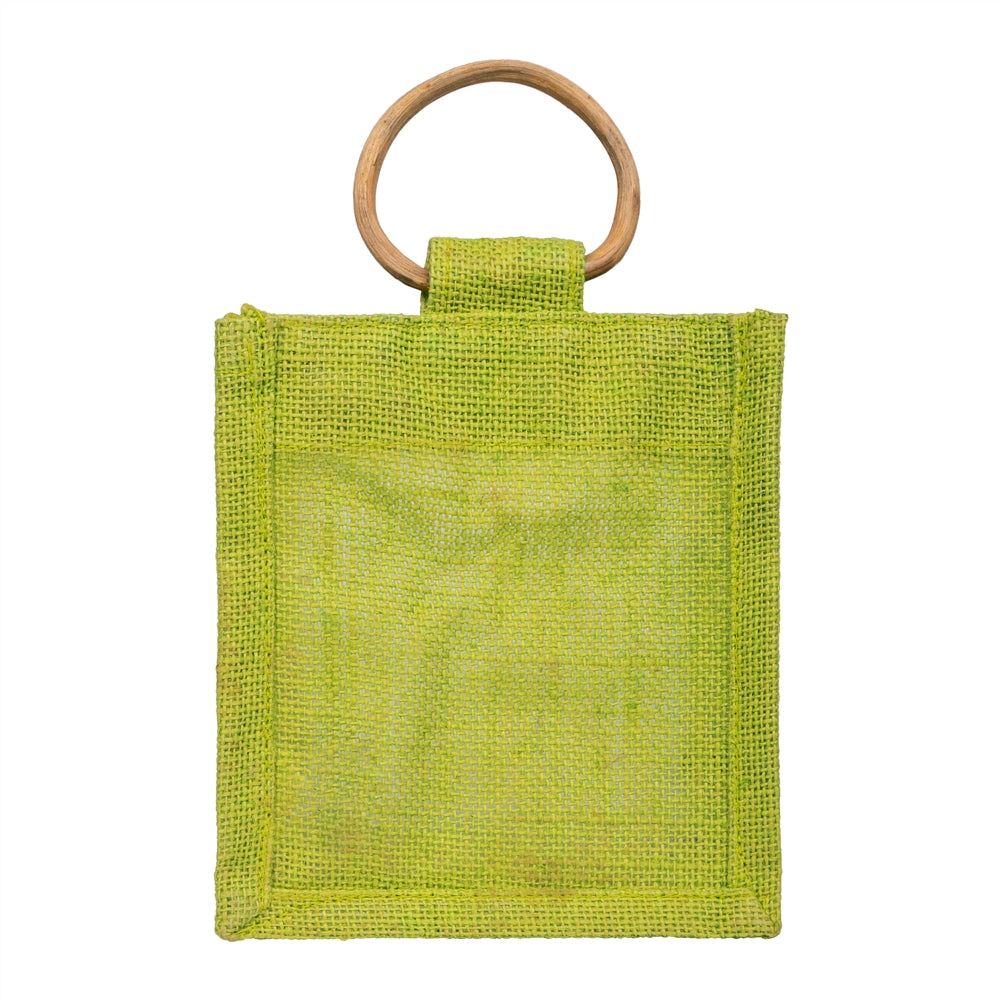 Zute.co Olive Green Jute Window Gift Bag with Wooden Ring Handle | 7x6x3.5 Inch Premium Hamper Bag