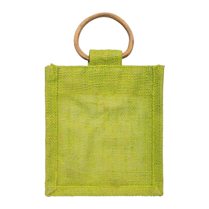 Zute.co Olive Green Jute Window Gift Bag with Wooden Ring Handle | 7x6x3.5 Inch Premium Hamper Bag