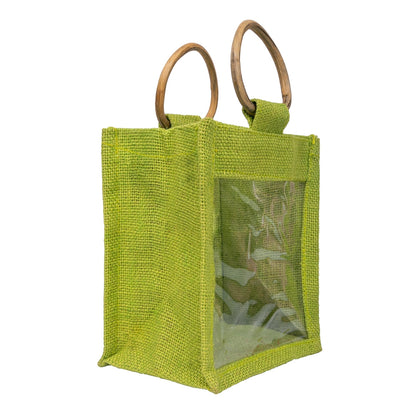 Zute.co Olive Green Jute Window Gift Bag with Wooden Ring Handle | 7x6x3.5 Inch Premium Hamper Bag