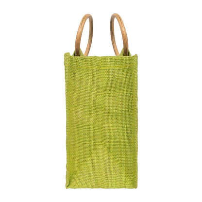 Zute.co Olive Green Jute Window Gift Bag with Wooden Ring Handle | 7x6x3.5 Inch Premium Hamper Bag