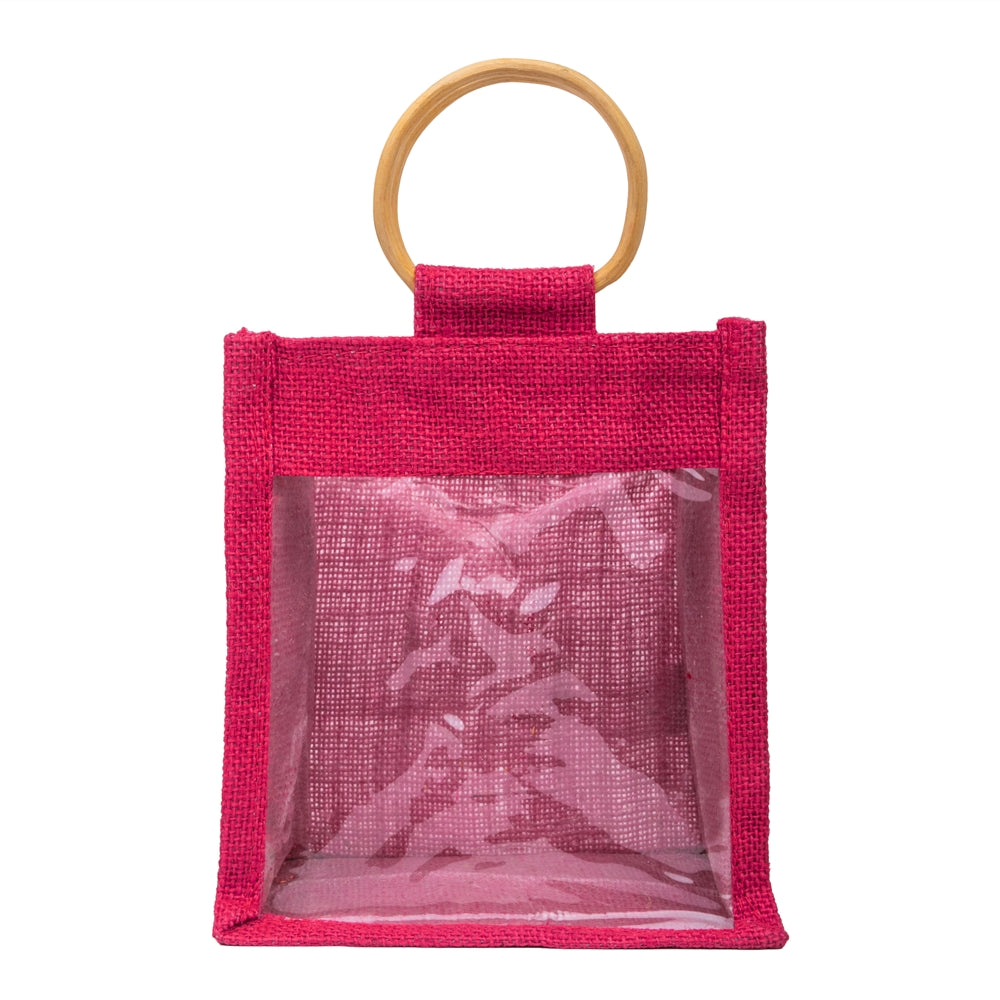 Zute.co Hot Pink Jute Window Gift Bag with Wooden Ring Handle | 7x6x3.5 Inch Premium Hamper Bag