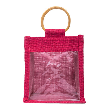 Zute.co Hot Pink Jute Window Gift Bag with Wooden Ring Handle | 7x6x3.5 Inch Premium Hamper Bag