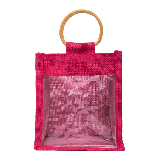 Zute.co Hot Pink Jute Window Gift Bag with Wooden Ring Handle | 7x6x3.5 Inch Premium Hamper Bag