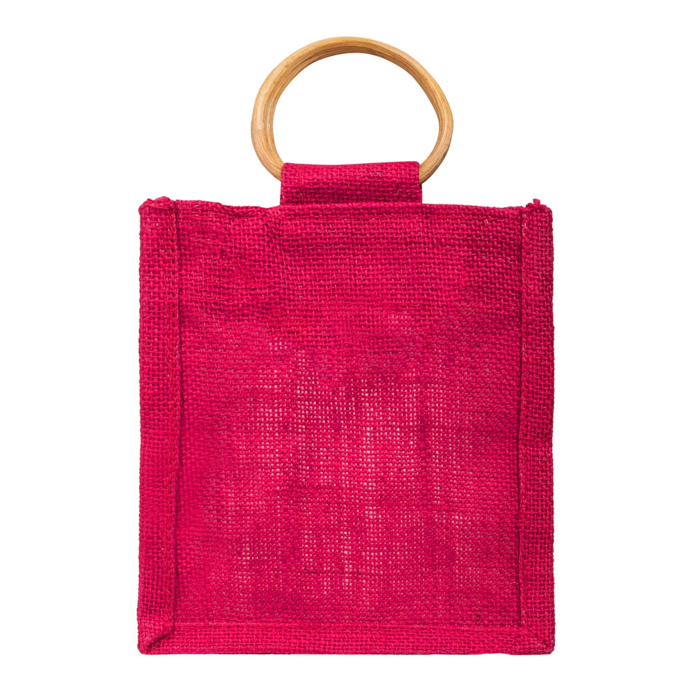 Zute.co Hot Pink Jute Window Gift Bag with Wooden Ring Handle | 7x6x3.5 Inch Premium Hamper Bag