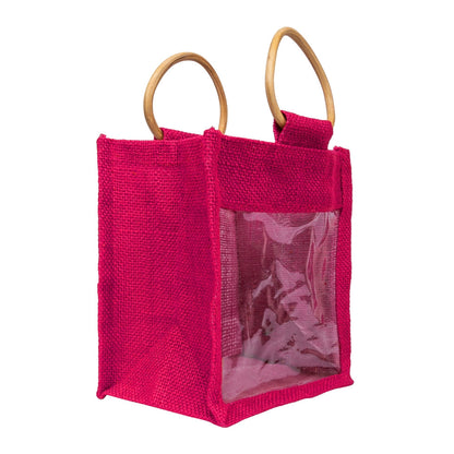 Zute.co Hot Pink Jute Window Gift Bag with Wooden Ring Handle | 7x6x3.5 Inch Premium Hamper Bag