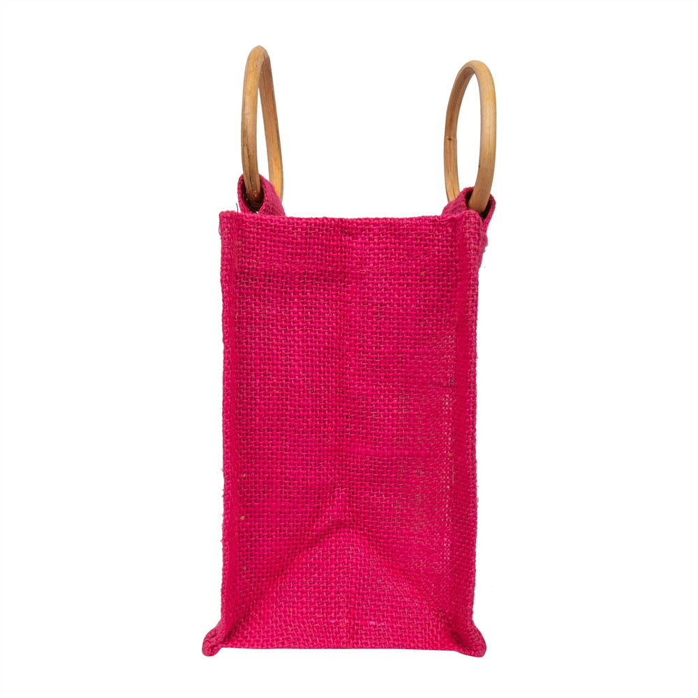 Zute.co Hot Pink Jute Window Gift Bag with Wooden Ring Handle | 7x6x3.5 Inch Premium Hamper Bag