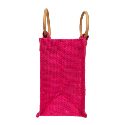 Zute.co Hot Pink Jute Window Gift Bag with Wooden Ring Handle | 7x6x3.5 Inch Premium Hamper Bag