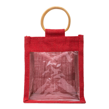 Zute.co Classic Red Jute Window Gift Bag with Wooden Ring Handle | 7x6x3.5 Inch Premium Hamper Bag