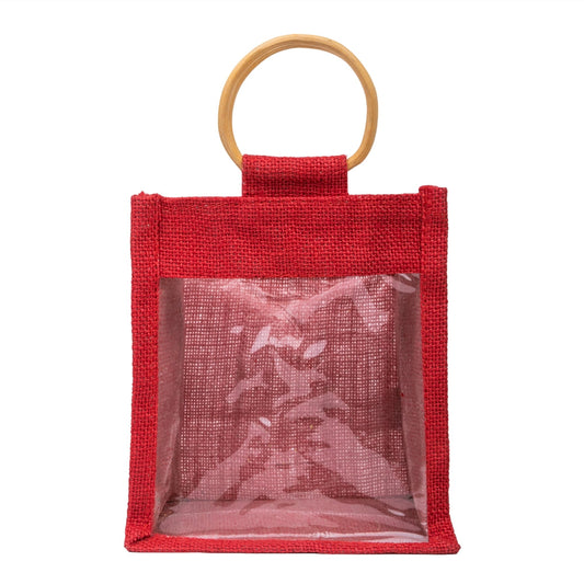 Zute.co Classic Red Jute Window Gift Bag with Wooden Ring Handle | 7x6x3.5 Inch Premium Hamper Bag