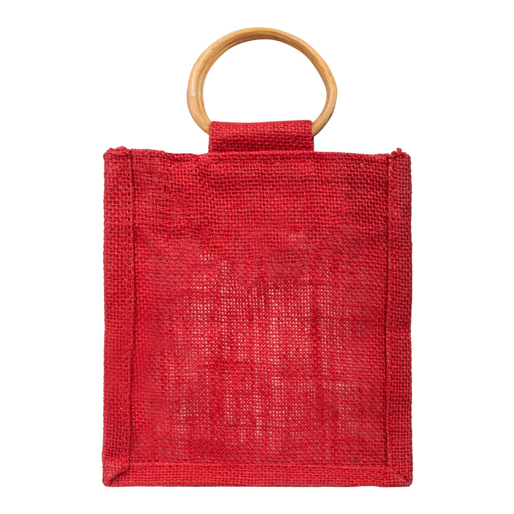 Zute.co Classic Red Jute Window Gift Bag with Wooden Ring Handle | 7x6x3.5 Inch Premium Hamper Bag