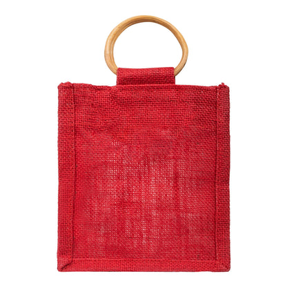 Zute.co Classic Red Jute Window Gift Bag with Wooden Ring Handle | 7x6x3.5 Inch Premium Hamper Bag