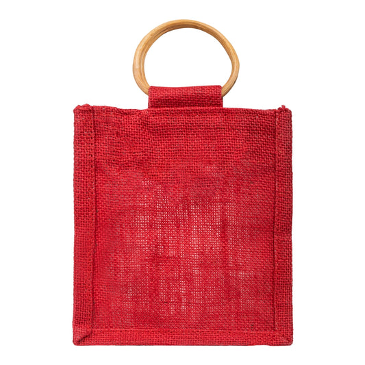 Zute.co Classic Red Jute Window Gift Bag with Wooden Ring Handle | 7x6x3.5 Inch Premium Hamper Bag