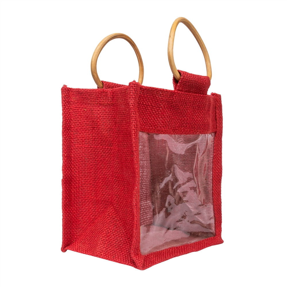 Zute.co Classic Red Jute Window Gift Bag with Wooden Ring Handle | 7x6x3.5 Inch Premium Hamper Bag