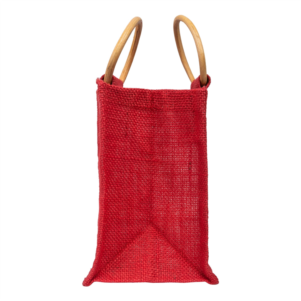 Zute.co Classic Red Jute Window Gift Bag with Wooden Ring Handle | 7x6x3.5 Inch Premium Hamper Bag