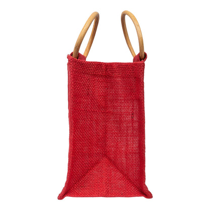 Zute.co Classic Red Jute Window Gift Bag with Wooden Ring Handle | 7x6x3.5 Inch Premium Hamper Bag