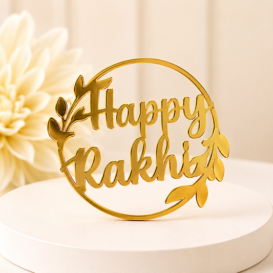 RB09 - Floral Happy Rakhi Gold Mirror Acrylic Tag
