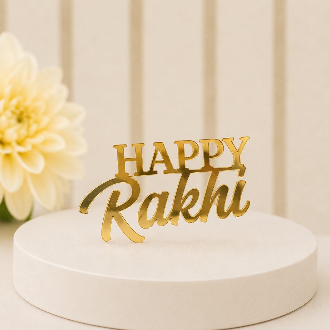 RB07 - Happy Rakhi Script Gold Mirror Acrylic Tag