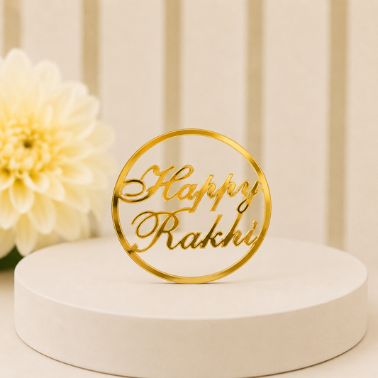 RB04 - Round Happy Rakhi Gold Mirror Acrylic Tag