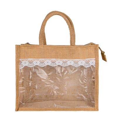Jute Window Hamper Bag with Lace Finish (12 x 10 x 5 Inch)