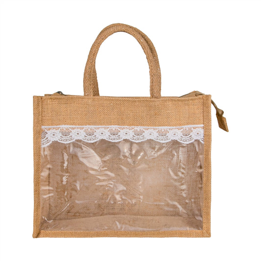 Jute Window Hamper Bag with Lace Finish (12 x 10 x 5 Inch)