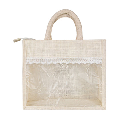 Large Jute Window Hamper Bag with Lace – Ivory (14 x 12 x 5 Inch)