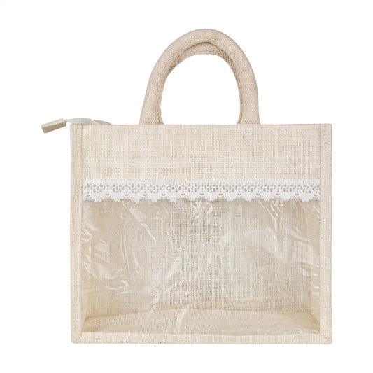 Large Jute Window Hamper Bag with Lace – Ivory (14 x 12 x 5 Inch)