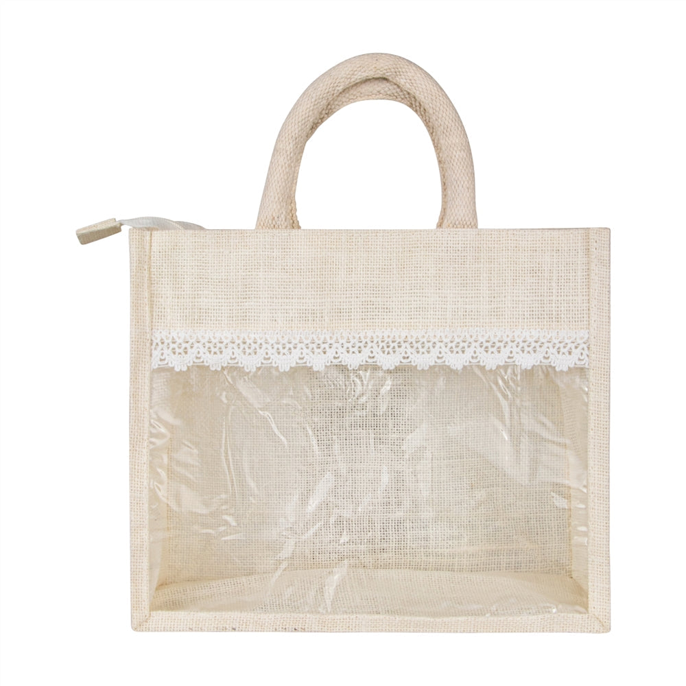 Jute Window Hamper Bag with Lace – Ivory (10 x 8 x 5 Inch)