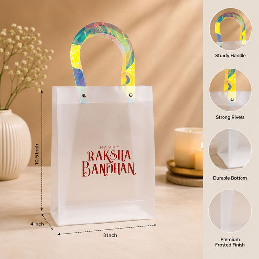 Happy Raksha Bandhan Frosted PVC Gift Bag with Holographic Handle | 8 x 10.5 x 4 Inch