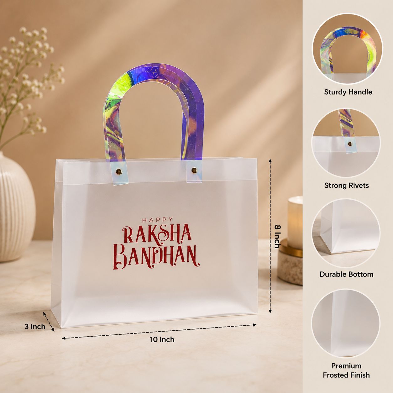 Happy Raksha Bandhan Frosted PVC Gift Bag with Holographic Handle | 10 x 8 x 3 Inch