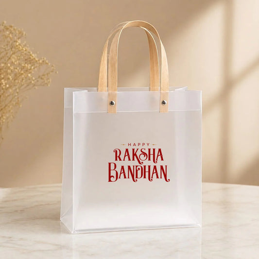 Premium Frosted PVC Gift Bag with Wooden Handles | Happy Raksha Bandhan Print | 3 Sizes