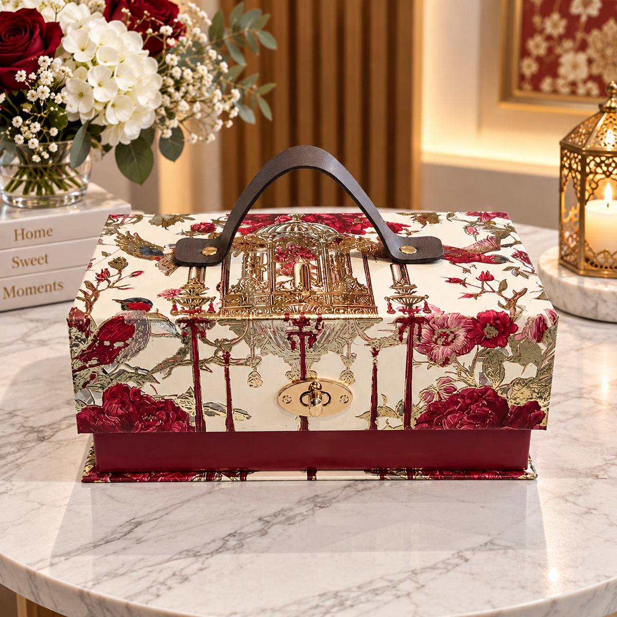 Ivory cream and wine red vintage floral Kappa Board dry fruit gift box with dark brown carry handle
