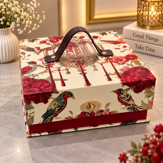 Ivory cream and crimson red floral bird Kappa Board dry fruit gift box with brown carry handle